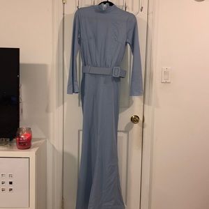 High neck baby blue jumpsuit w bell sleeves